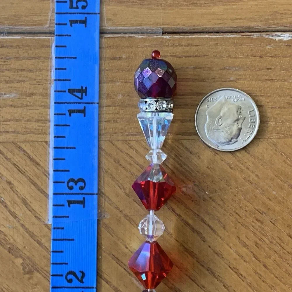 Vintage Red Crystal Beaded Y Drop Necklace Aurora Borealis Mid Century 60s - Picture 9 of 9